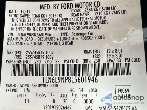 2020 Lincoln Continental Reserve from USA, damaged, VIN 1LN6L9NP8L5601946